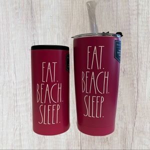 Set of 2 Rae Dunn EAT BEACH SLEEP Tumbler 17 oz. & Slim-Can Cooler 12 oz NWT